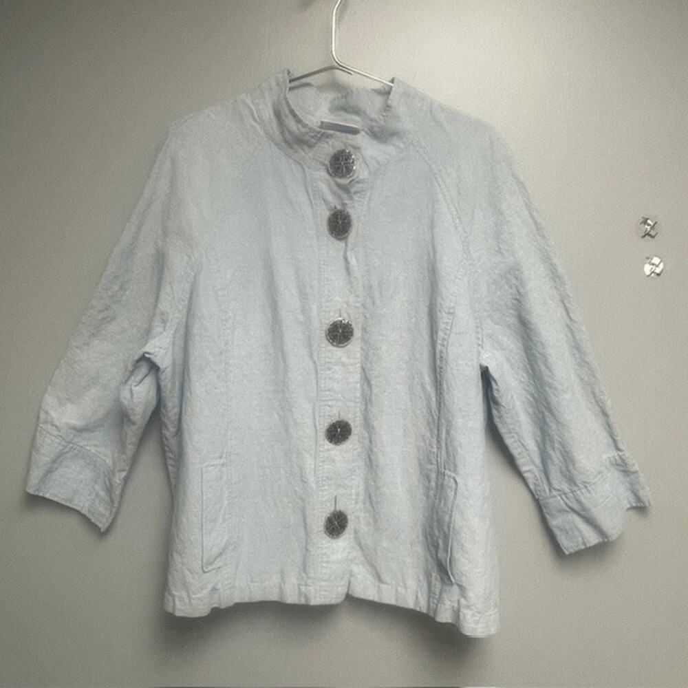 Chico's Women's Front Button Lightweight Coat Jacket Columbia Blue Linen Blend